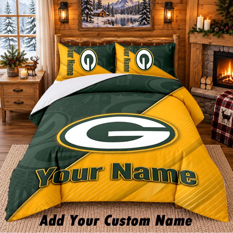 Green Bay Packers Pattern Bedding 3Pcs Set Custom Name, Bed Sheet And Pillowcases For Home Bedroom