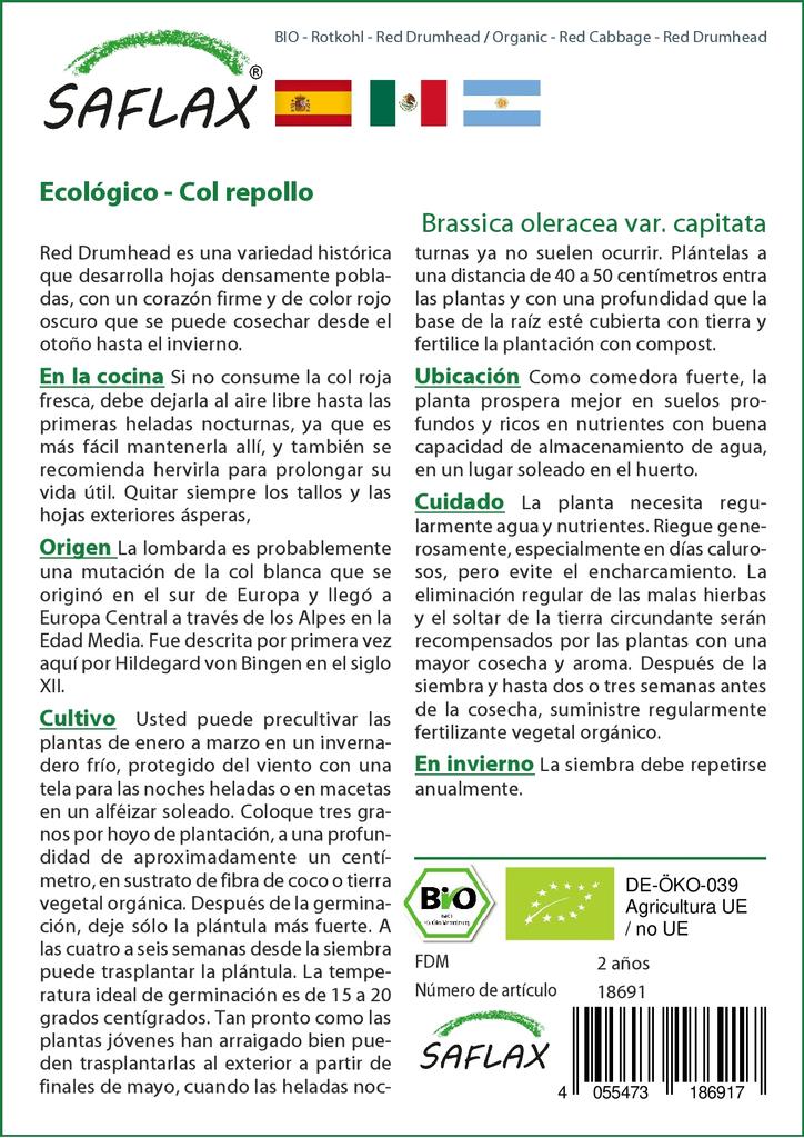 SAFLAX Garden In the Bag - Organic - Red Cabbage - Red Drumhead - 250 Seeds - With Substrate In a Fitting Stand Up Bag - Brassica Oleracea