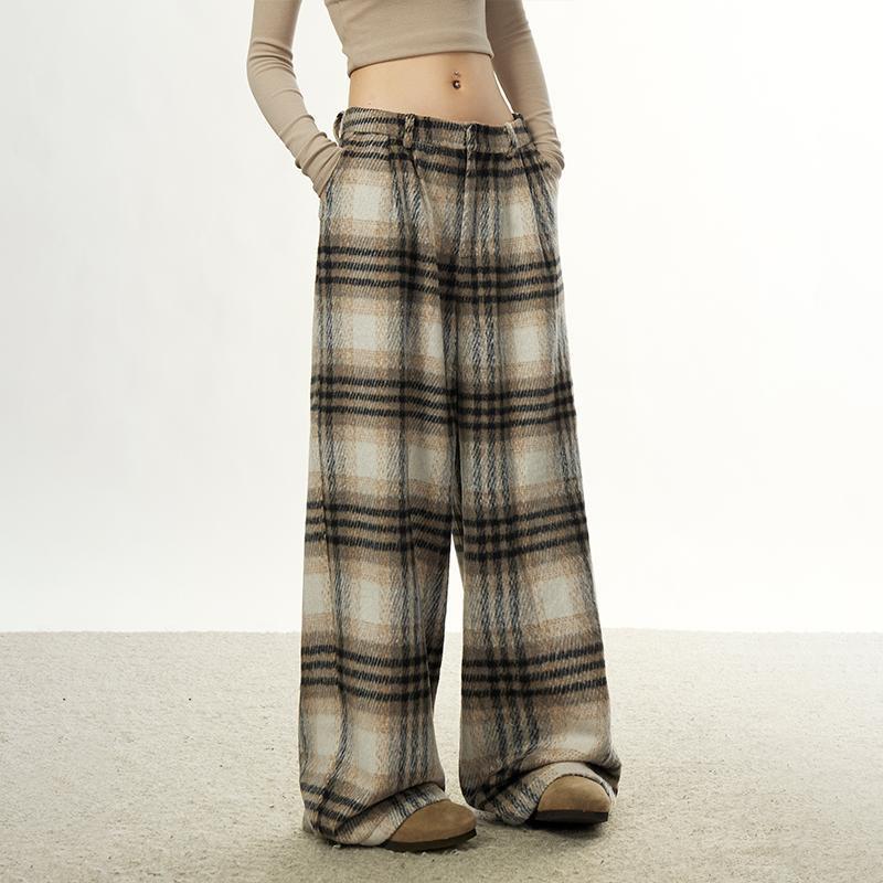 Women's Retro Plaid Wool Wide-Leg Pants - Loose, Versatile Design for Autumn/Winter