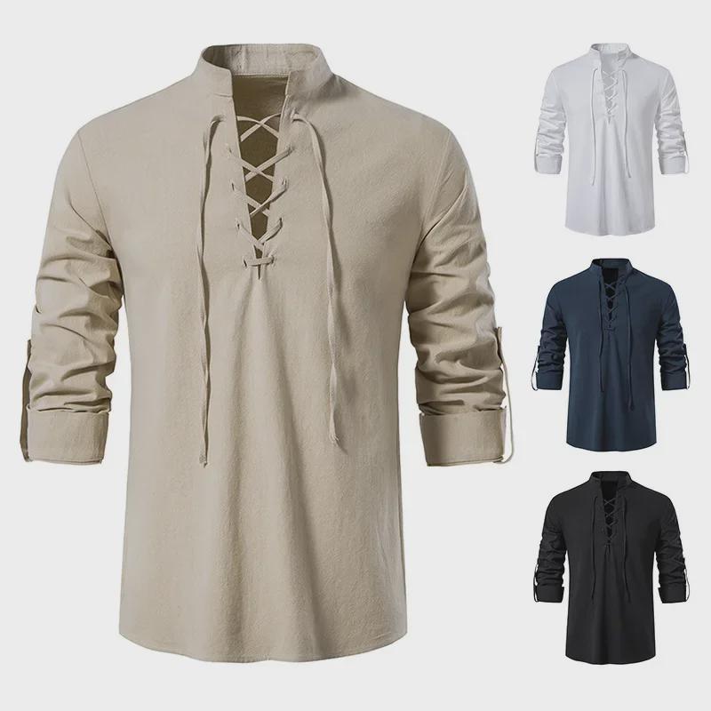 Men's Cotton Linen Henley Shirt - Beach Casual Stand Collar Long Sleeve (2024)