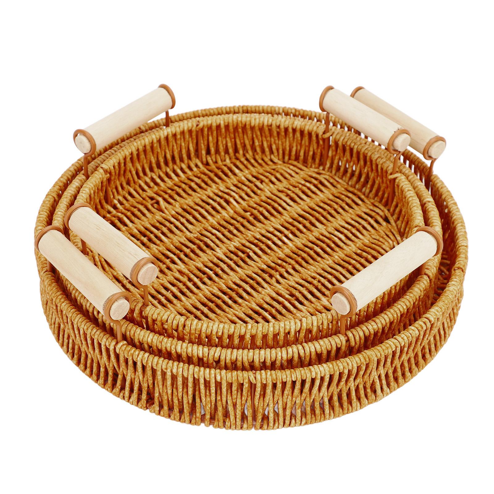 

Woven Serving Tray Decorative Multipurpose Round Serving Basket with Dual Handles for Fruit Bread for Living Room 3pcs