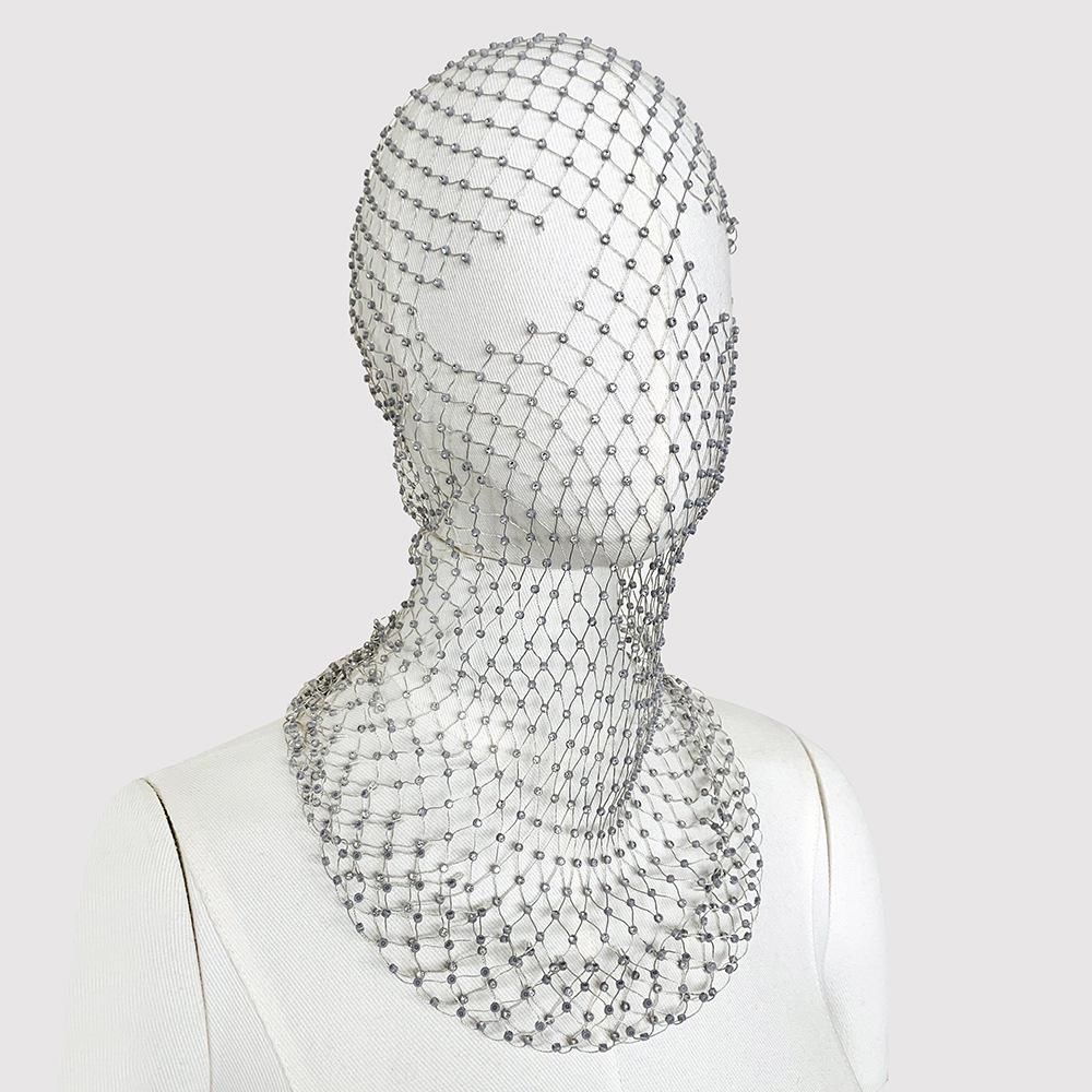 Rhinestone Fishnet Headscarf & Diamond Mask - Trendy Holiday Party Hat & Fashion Statement.