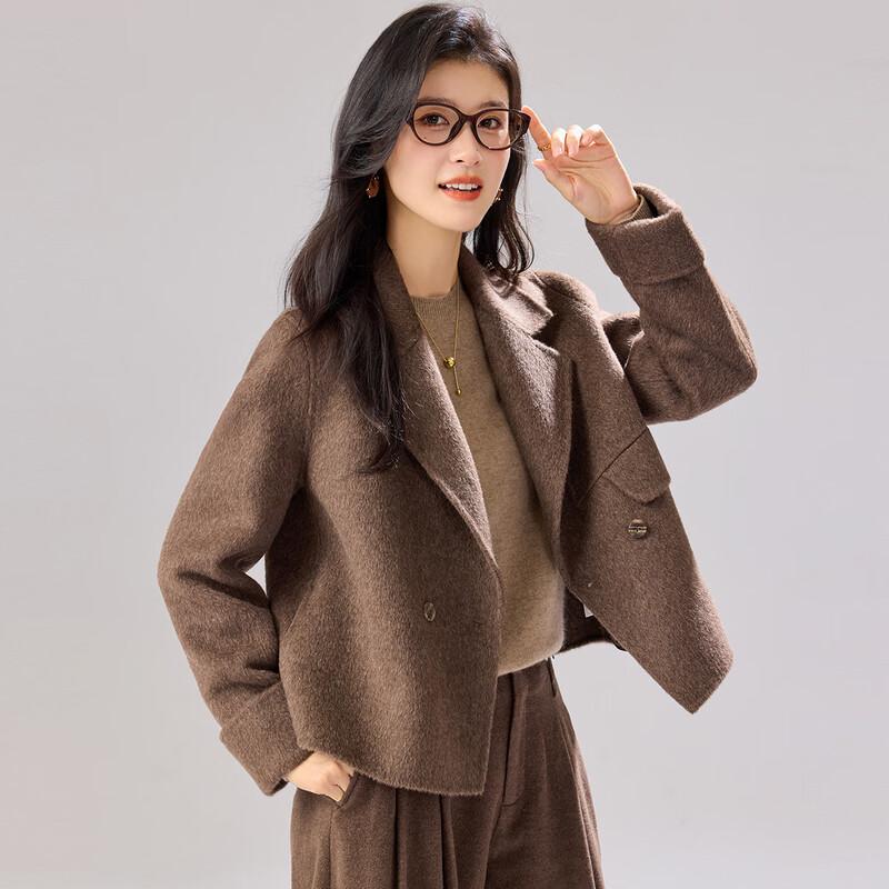 

Women s Double-Breasted Lapel Cashmere Blend Short Wool Coat L