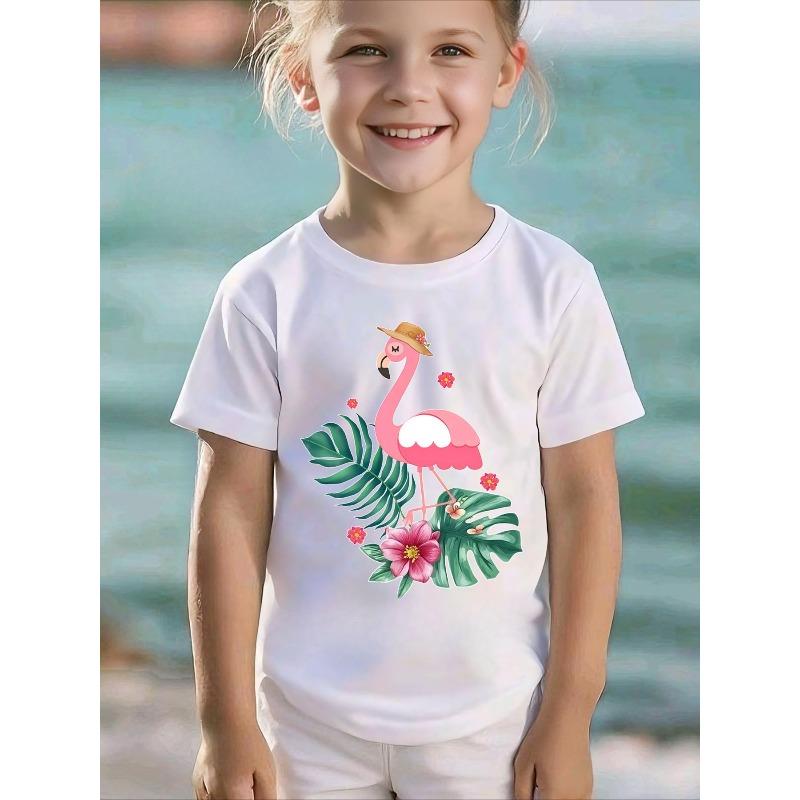 European Size Girls Round Neck Short Sleeved T Shirt with Floral Pattern Design