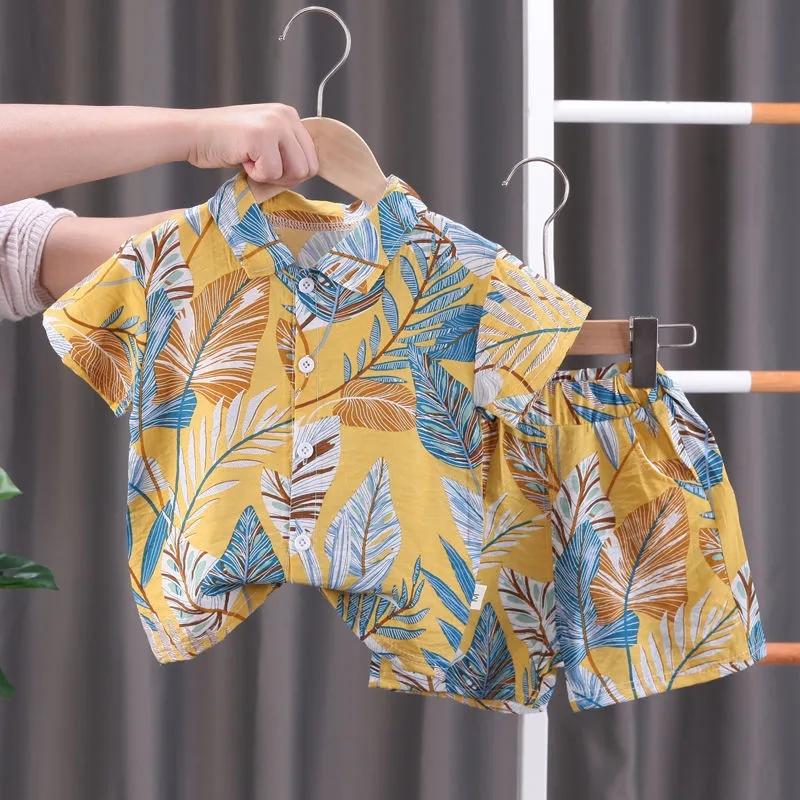 

Летний костюм-рубашка с короткими рукавами для мальчиков, повседневный детский комплект из двух предметов в пляжном стиле 80 жёлтый