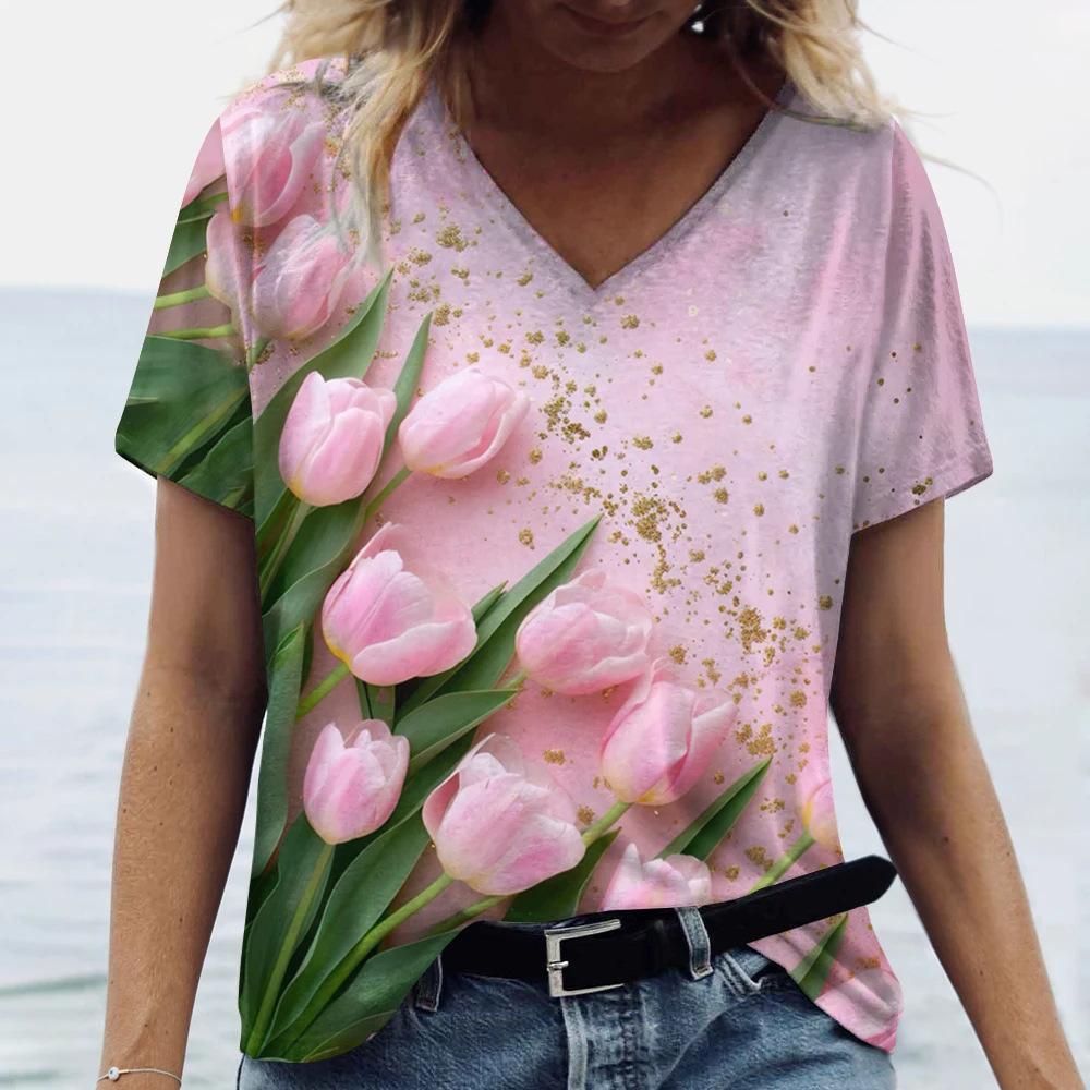 Beautiful Tulip Print 3D Printed Women's Artistic Style V-neck Short Sleeved T-shirt