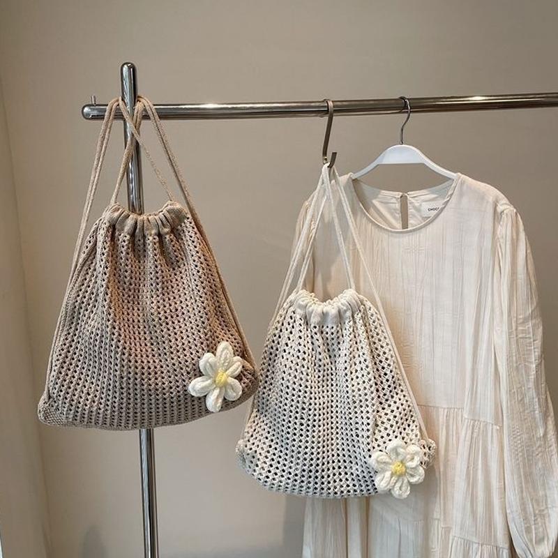 Solid Color Knitting Shoulder Bag Large Capacity Bohemian Crochet Backpack Hollow Out Beach Travel Female Shopping Tote Bag