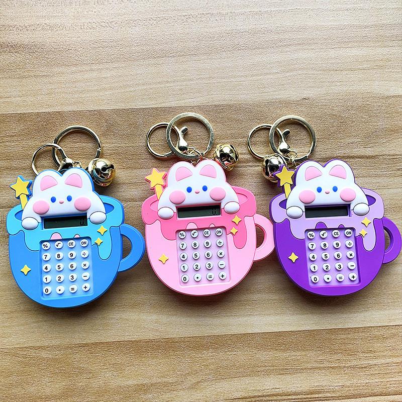 Rainbow Bunny Pink Calculator Keychain Soft Rubber Adorable Keyring For Girls Teens And