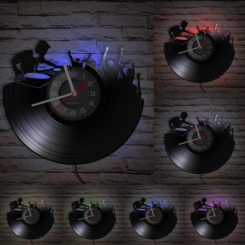 Club Dj Festival Music Night Booth Stage Turn Tables Night Club Wall Decor Wall Clock Disco Dance Party Vinyl Record Wall Clock