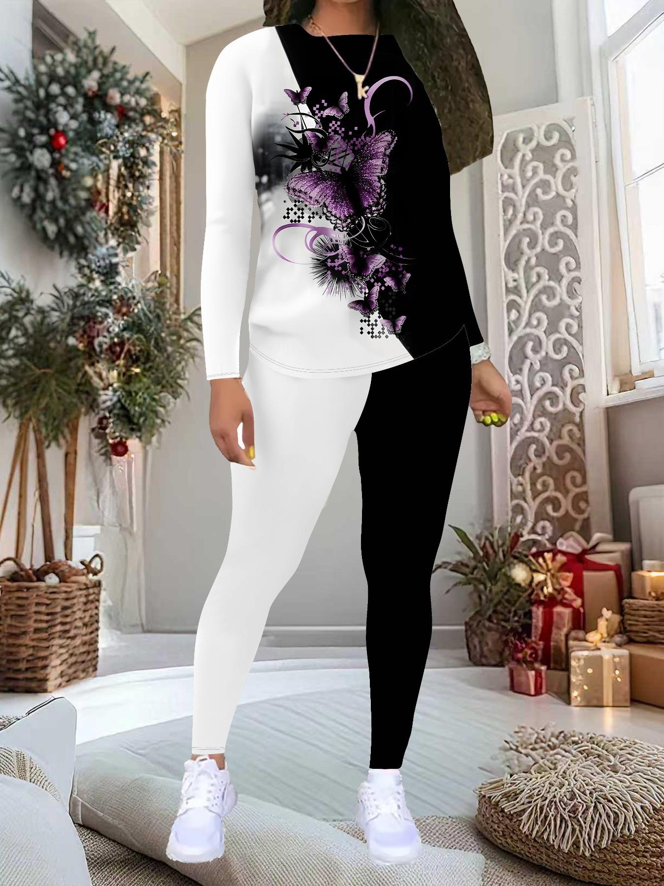 

Женский костюм-двойка с принтом музыкальных нот: Топ с длинным рукавом и круглым вырезом и брюки, праздничный лимитированный повседневный костюм для вечеринки в подарок XXL фиолетовый