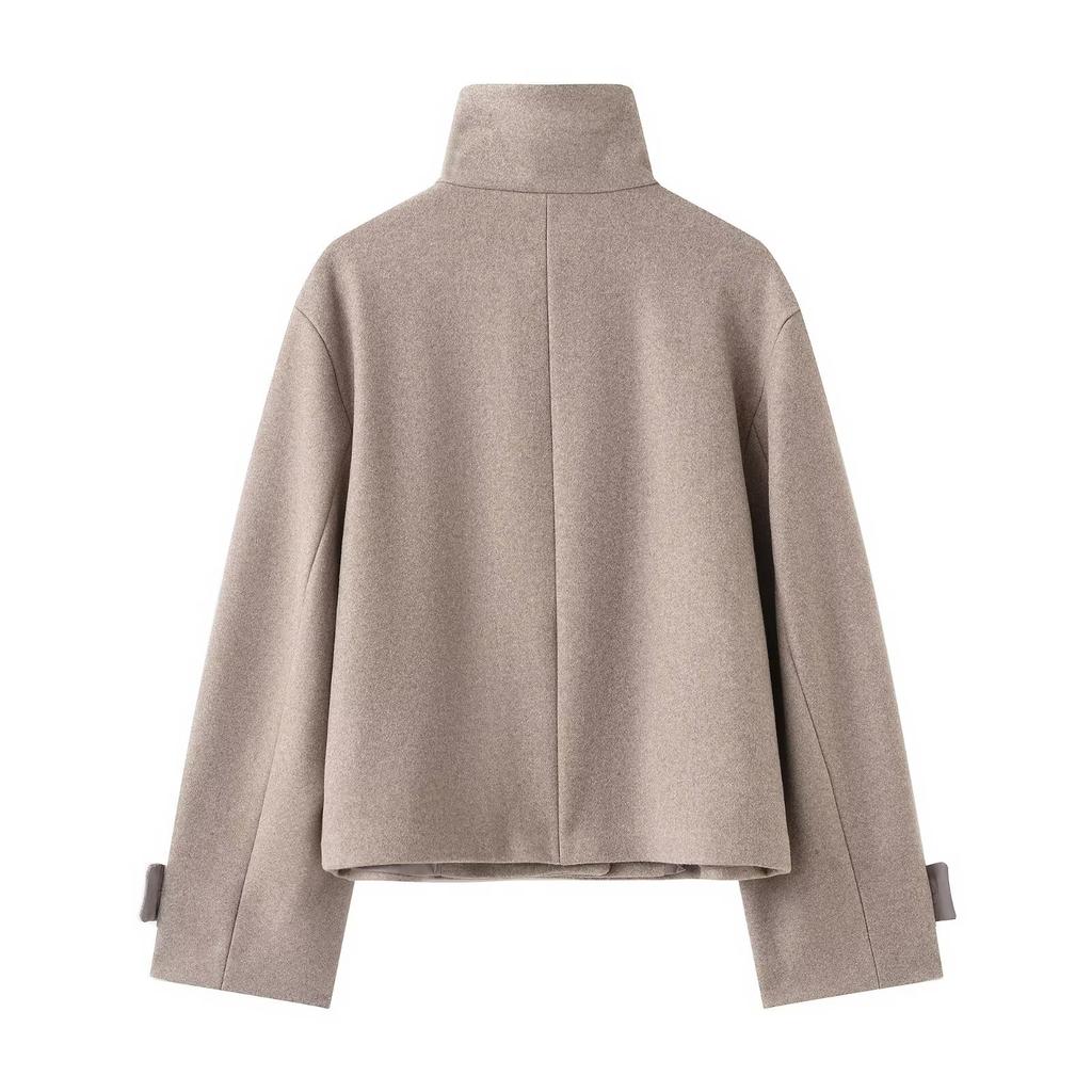 Women's Stand Collar Asymmetric Button Cropped Coat Solid Color Turn Cuff Patch Pockets Loose Fit Casual Outerwear