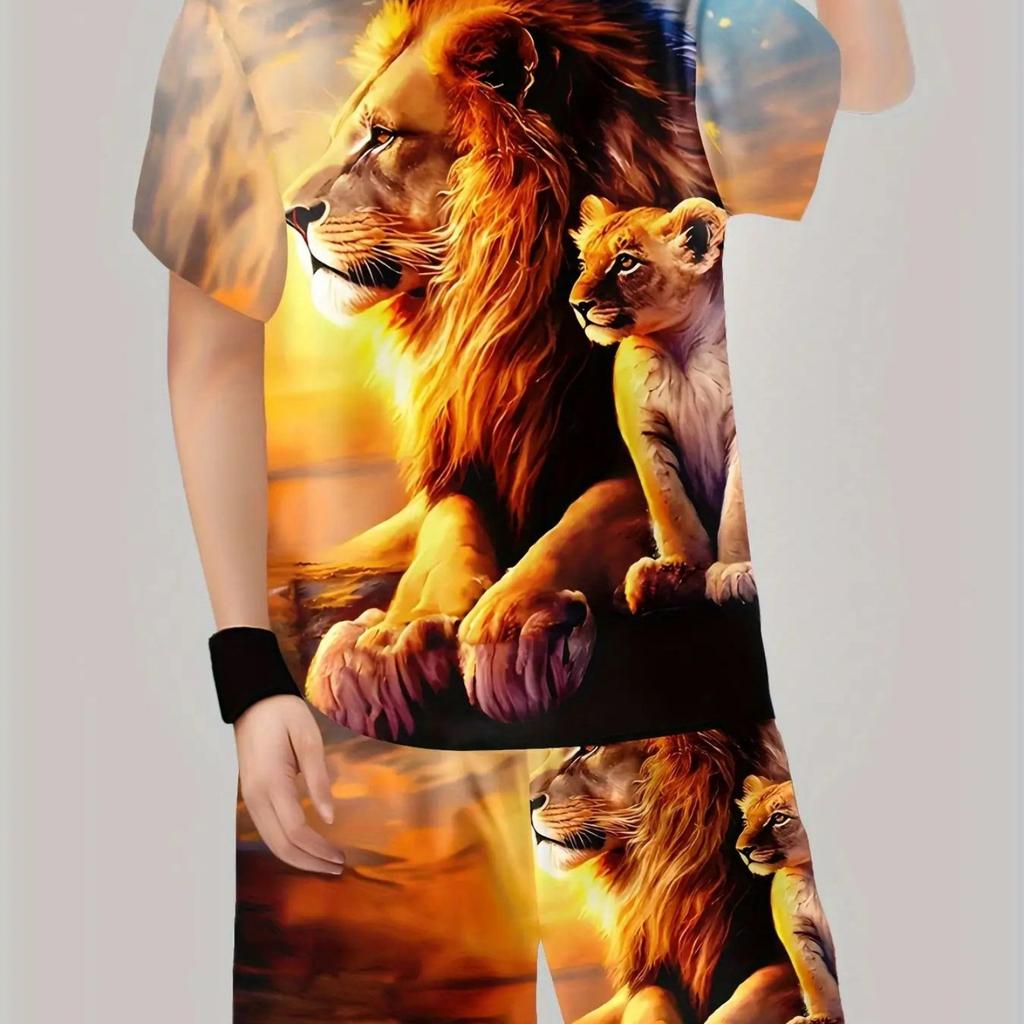 Boys' 3D Lion Printed Casual Set - Bright Cuff T-shirt and Shorts Combination, Casual Headset