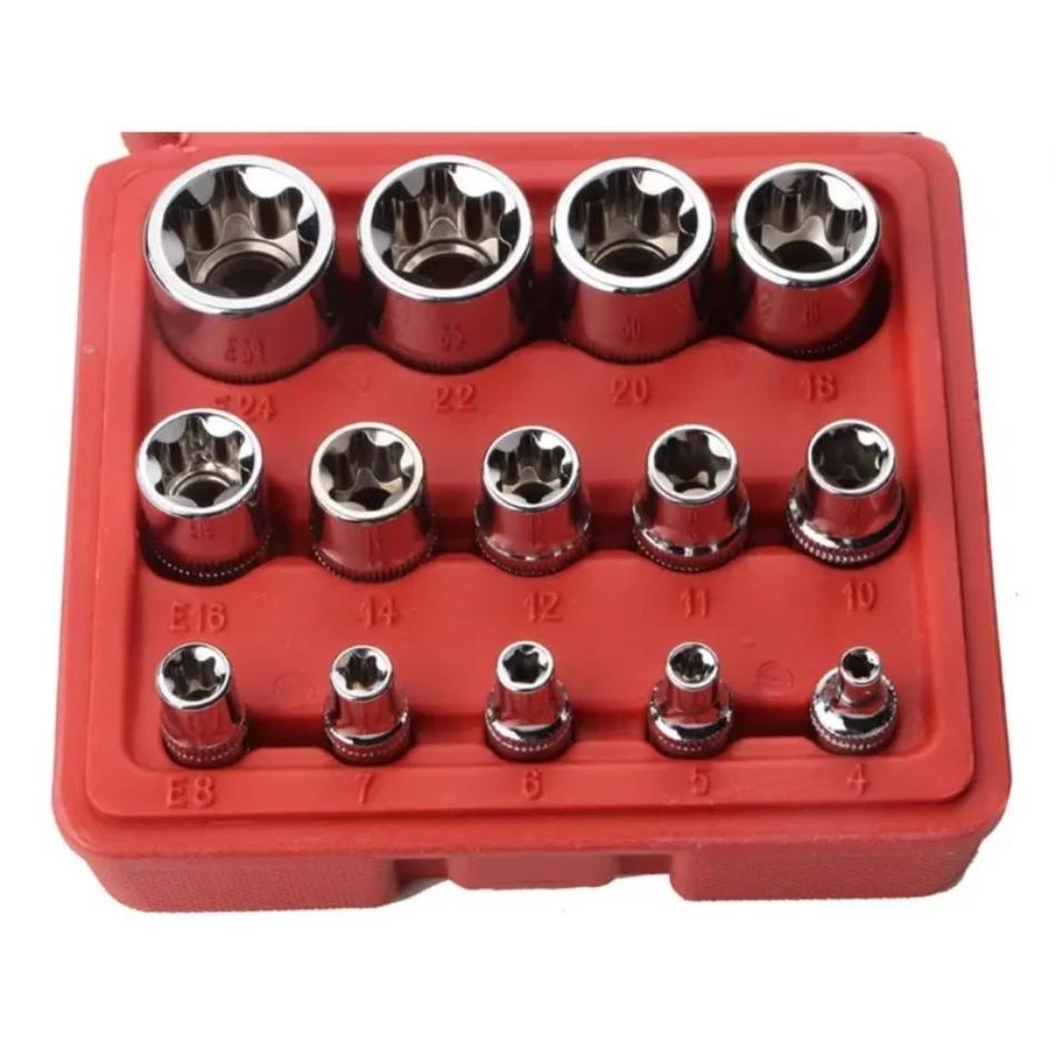 Perfactool 14 Piece Set E-Type 6-Flower Socket Head Torx Star Bit Combination Wrench 1/2 3/8 1/4 Auto Car Repair Tool E4-24MM