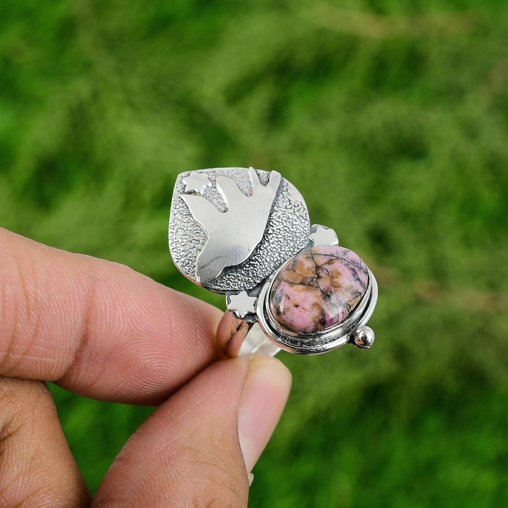 Womens day Sale Oval Rhodonite Stone 925 Sterling Silver Bird Anniversary Ring