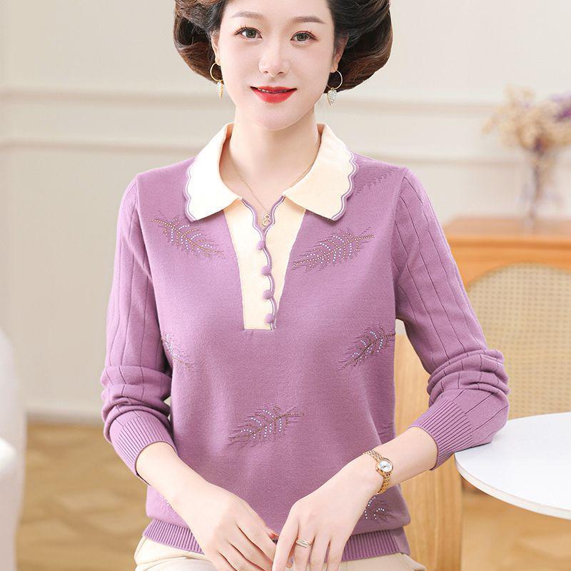 Mamčin jarně-podzimní pletený svetrový set: Volný top s ohrnovacím límcem pro ženy středního věku a starší