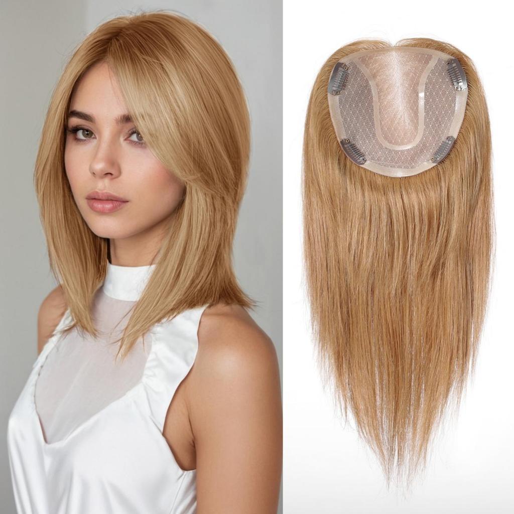 HAIRCUBE Light Blonde 14 Inch Human Hair Toppers with Dark Roots for Women 4 Clips Pieces with Thinning Hair In Mono Lace Base Toppers