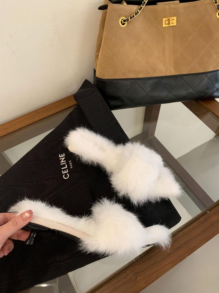 2025 autumn and winter new European and American pointed head slender heel long mink hair one-word slippers cat hair drag