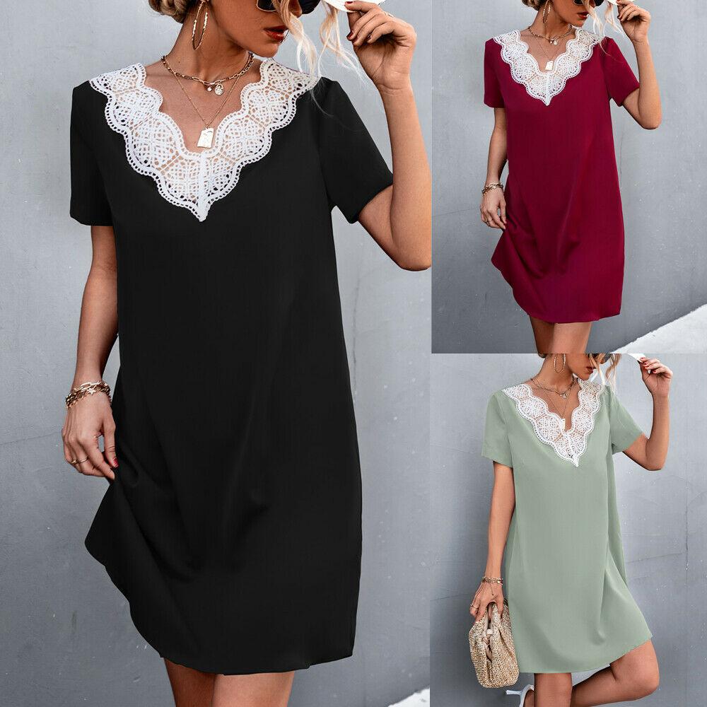 Женские летние пляжные кружевные платья с коротким рукавом и v-образным ...