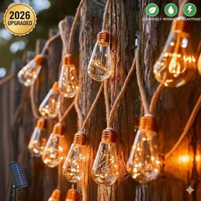 Vintage Hemp Rope Solar String Lights 5/8/10M 10/16/24 Bulbs Waterproof Outdoor Fairy Lights for Patio Yard Garden Decor