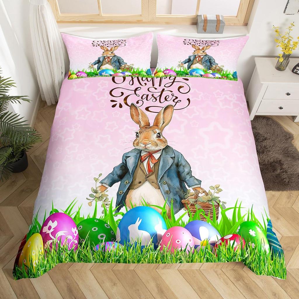 Happy Easter Bedding Set Cartoon Rabbit Egg Duvet Cover Full Kids Pink Purple Cute Bunny Comforter Cover Cute Animal Quilt Cover