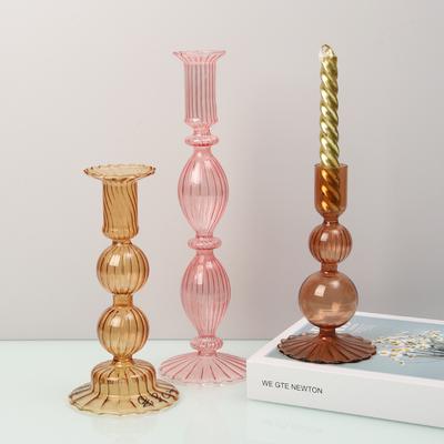 Creative Striped Colored Glass Candle Holder Long Pole Candlesticks Wedding Festival Celebration Candle Desktop Warm Decoration