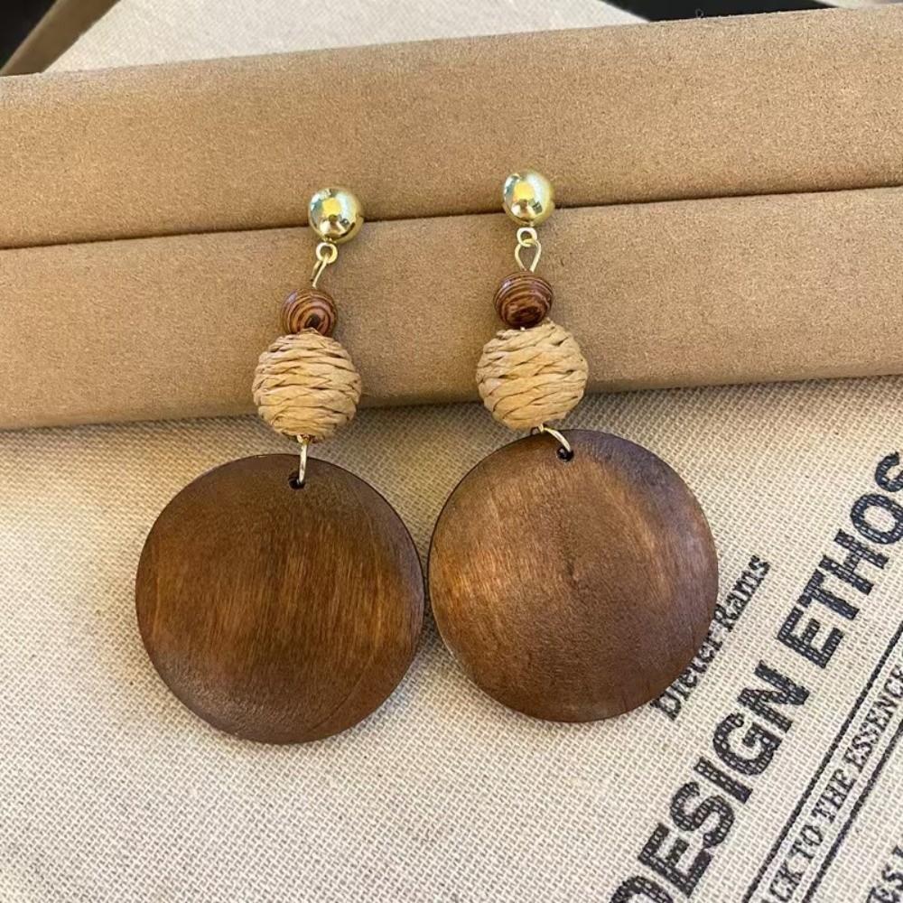 Brown Wooden Drop Earrings Flower Beads Dangle Earrings New Woven Tassel Earrings Beach