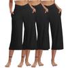 3 Pack Women Elastic High Waist 3/4 Pant Casual Active  Fit Wide Capris Leg Pants Trousers With Pockets