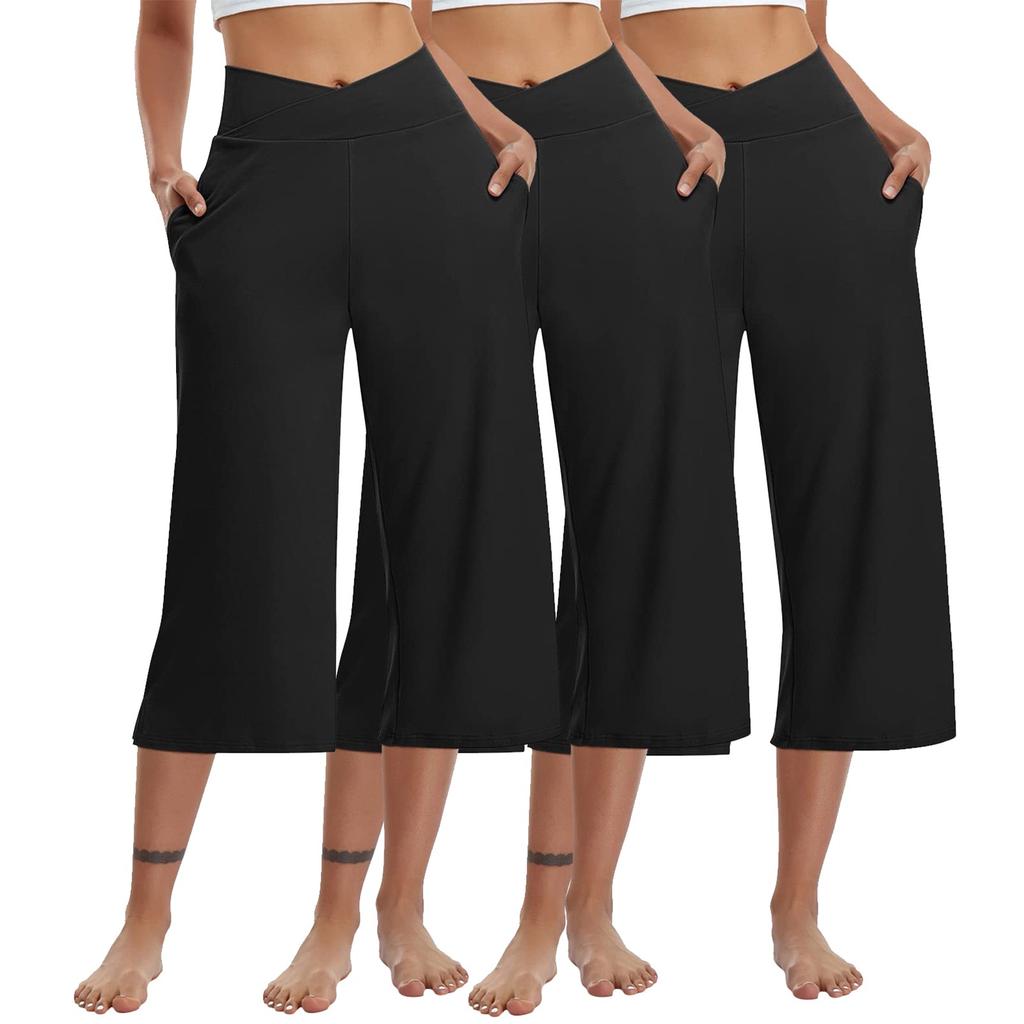 3 Pack Women Elastic High Waist 3/4 Pant Casual Active  Fit Wide Capris Leg Pants Trousers With Pockets
