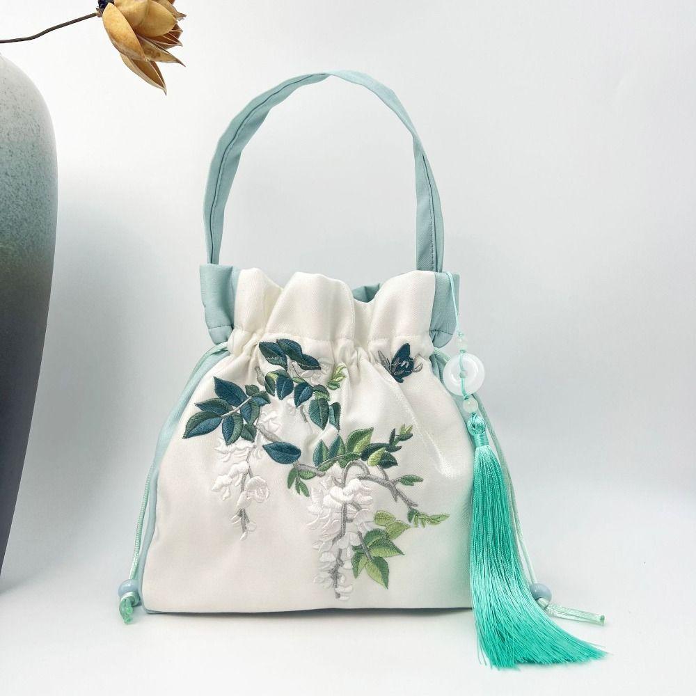 Silk Satin Embroidery Drawstring Bag Shoulder Bag Ethnic Style Hanfu Tassel Bag Purse Flower Bucket Bag Chinese Style Handbag
