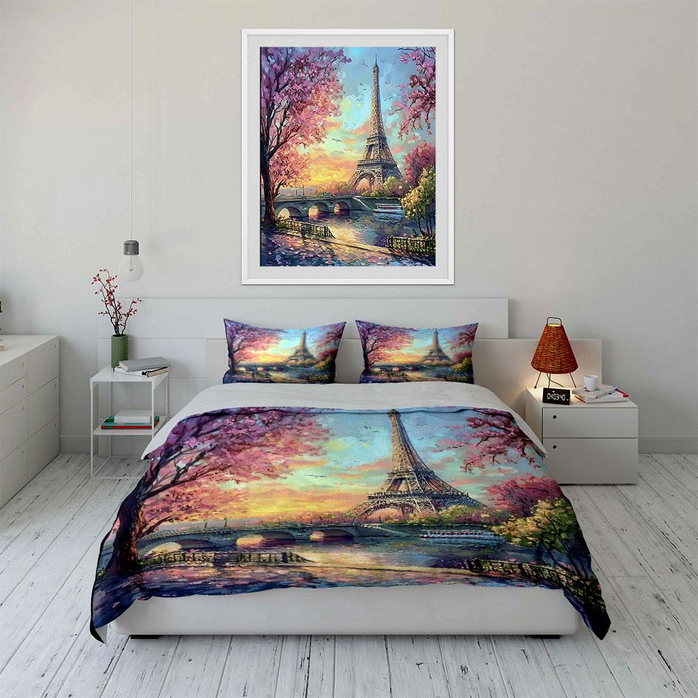 Eiffel Tower With Spring Riverside Scene Duvet Cover Set With 3D Printing Design Soft Polyester Bedding Set All-Season Comfort