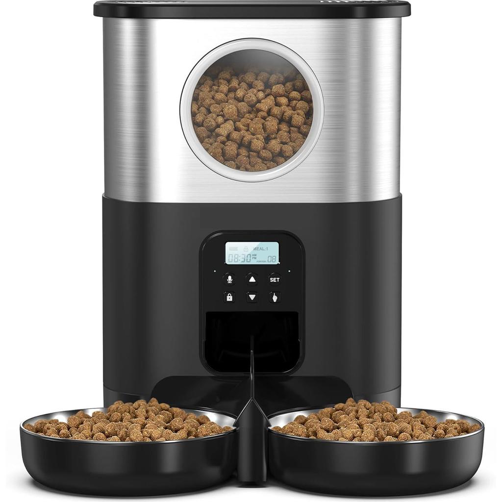 Automatic Cat Feeders for Two Cats 5L Capacity Visable Window Quantitative Feeding Stainless Steel 2 Bowls Timed Pet Food Dispenser
