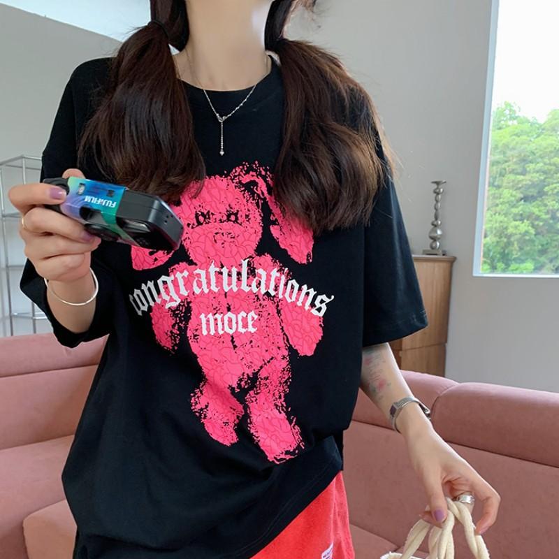 

Топ с принтом «Кролик с большими ушами», с открытыми плечами, на осень для женщин, новинка лета, свободная футболка с коротким рукавом из чистого хлопка с мультяшным принтом XXXL чёрный