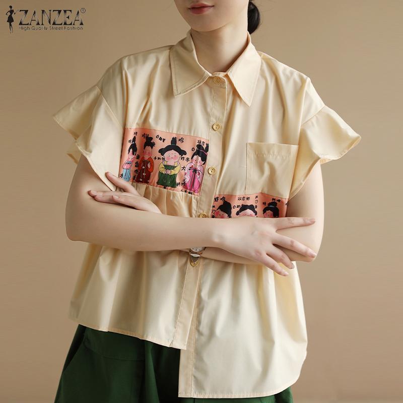 

ZANZEA Принт Рубашка Женщины Повседневный Отвернутый воротник Короткий рукав Нерегулярный подол Рубашки
