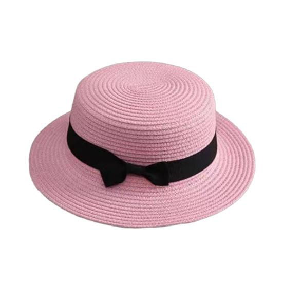 Beach Straw Hat Flat Top Wide Brim Sun Protection Hat with Black Ribbon Bow Hand-Woven Breathable Summer Hat