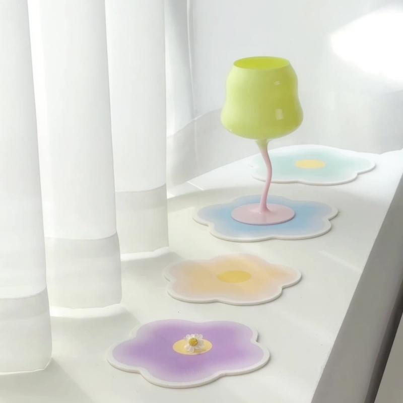 Flower Leather Coasters Heat Insulating Placemats Anti-scald Non-slip Pans Mat Creative Household Gradient Color Table Mats