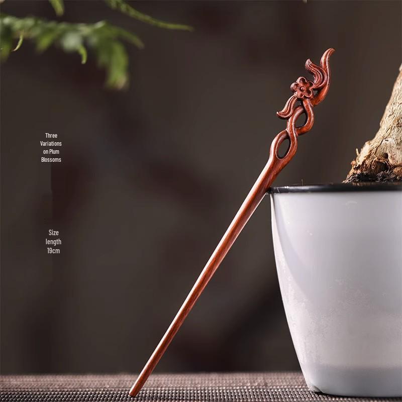 Red Sandalwood Women's Retro Hanfu Hairpins: Hollow Carved Moon Rabbit Wooden Ornaments