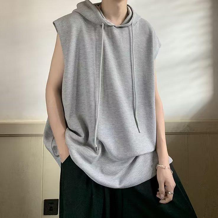 

Чоловіча модна hooded жилетка-жилет 2023: Літня мода вільного крою, з коротким рукавом, без рукавів. 2XL сірий колір