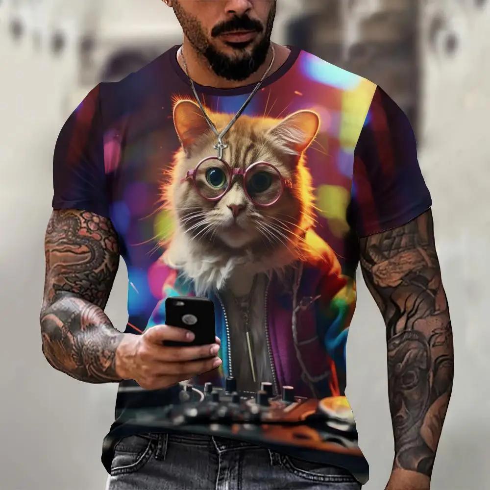 Men's 3D Printed T-Shirt Cute Cat Pattern Print Short Sleeve O-Neck Pullover Casual Top