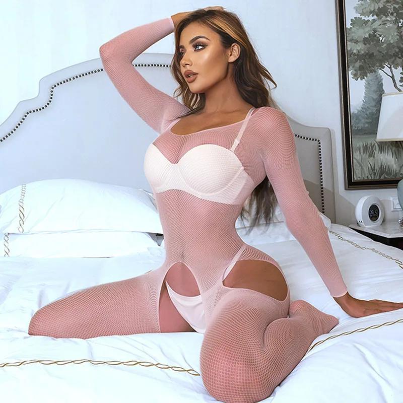 Sexy Open Bra Crotchless Bodystocking Lace Mesh Bodysuit  Transparent Lingerie Black Jumpsuit for Women