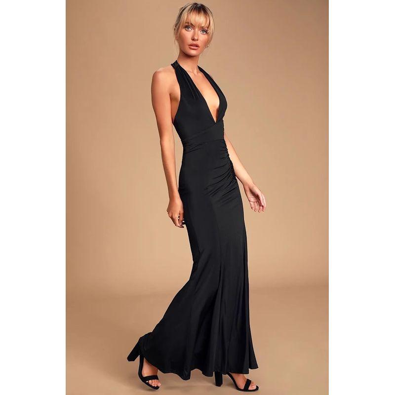 Foreign Trade Order Lu's Tight Sheath Sexy Black Deep V-neck Backless Niche Hepburn Style Banquet Formal Dress Dress