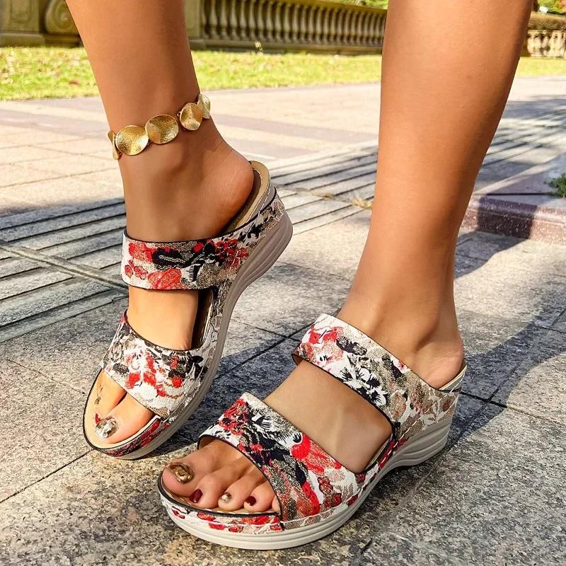 

Fashion 2024 Ladies Shoes Open Toe Women s Slippers Casual Dress Slippers Women Print Round Toe Platform Wedges Plus Size Female Sandals 36