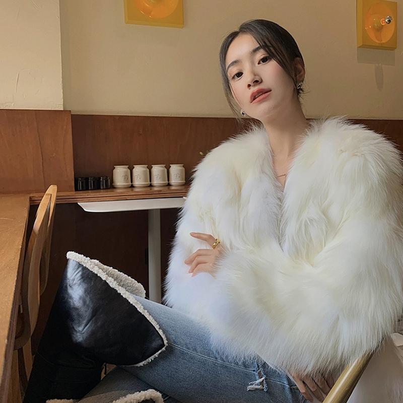 Winter New Elegant Long Sleeve Fox Fur Jackets Women Fashion Vintage Slim Plush Warm Casual Coats Women Solid Loose Office Ladies Jacket Tops 25879