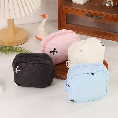 Portable Quilted Cotton Sanitary Napkins Storage Bag Bow Coquette Makeup Bag Large Capacity Coin Purse for Women Girls
