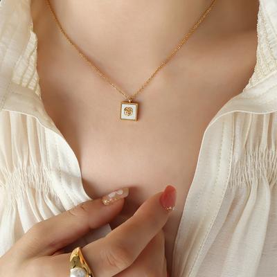 Versatile Fashion Commuter Inlaid White Sea Shell Gilded Camellia Square Brand Pendant Necklace Earrings Jewelry Set