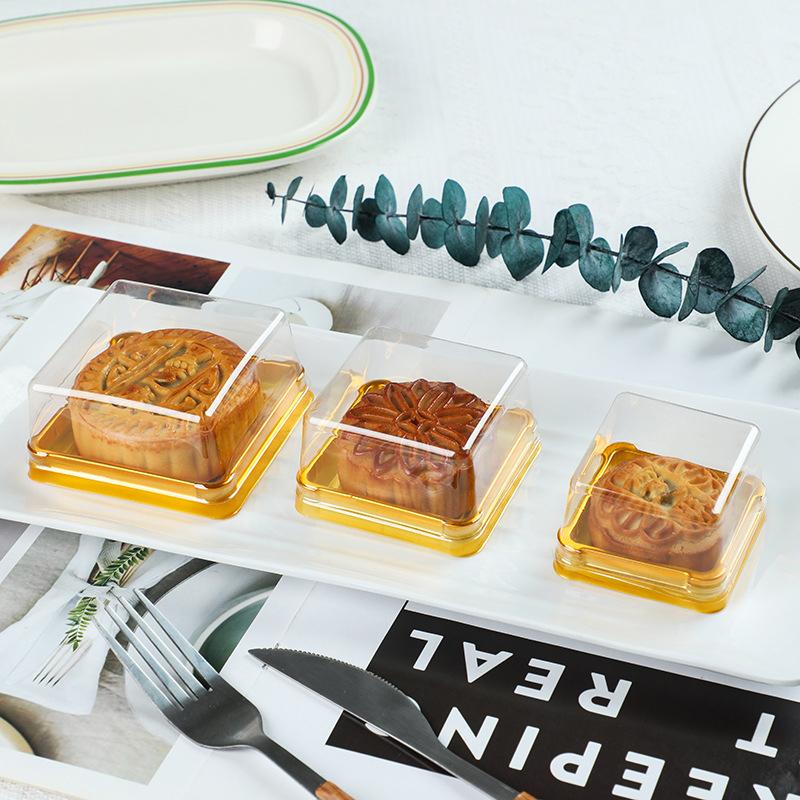 50 Piezas Transparente Dorado Cuadrado Plástico Postre Huevo-Yema-Bocadillo Caja Empaque Pastel de Luna Contenedor Pastel de Luna para Horneado Empaque de Alimentos