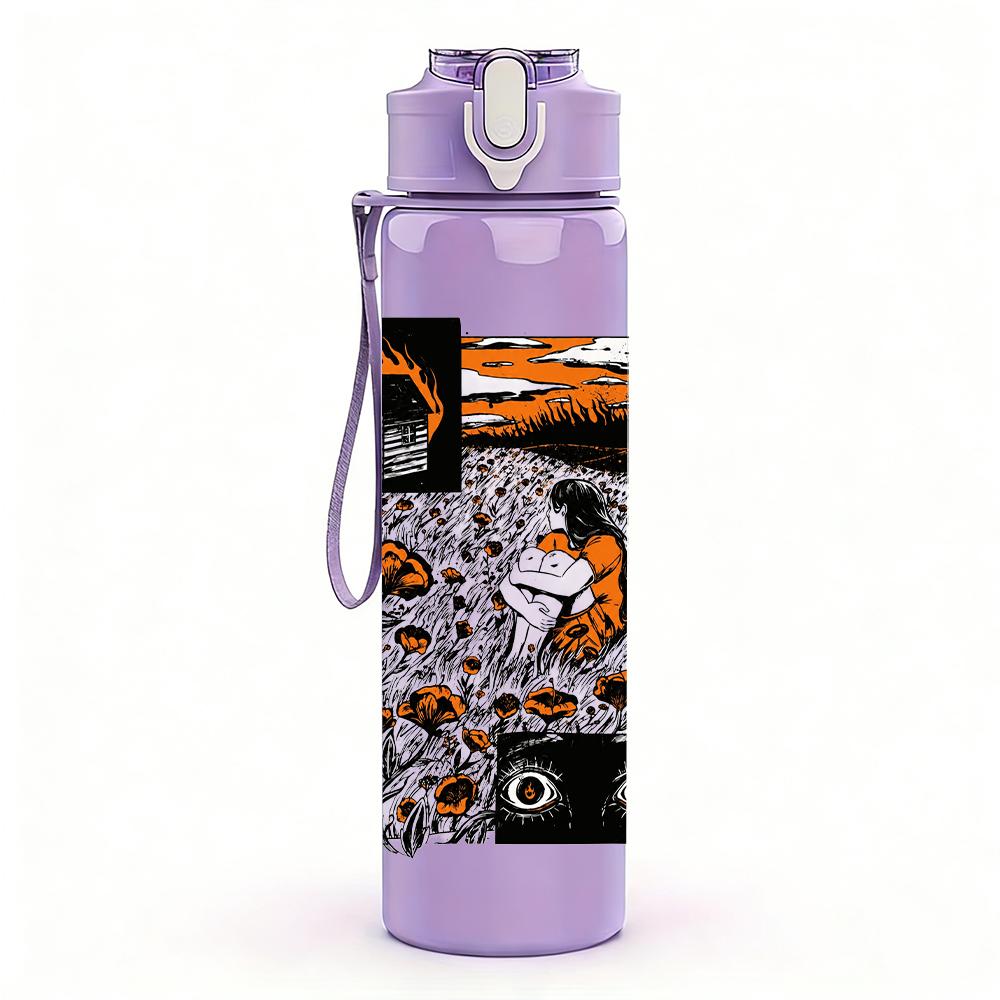 1PC Multi Color Chaotic Band Square Print 750ml Colorful Plastic Sports Water Bottle Leakproof Pop Up Lid with Straw for Outdoor Work Home Use