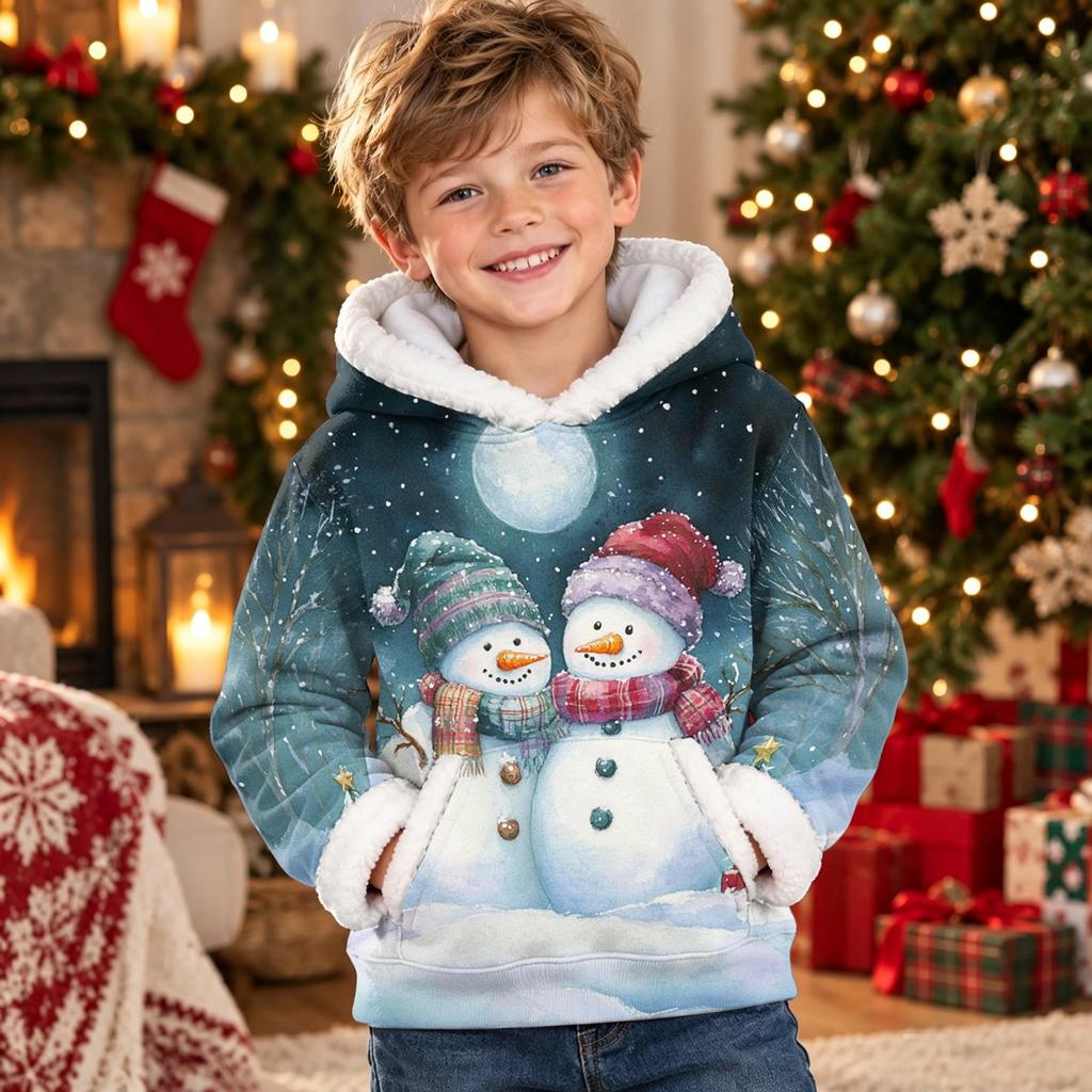 Kids Long Sleeve Christmas Print Casual Fashion Hooded Top