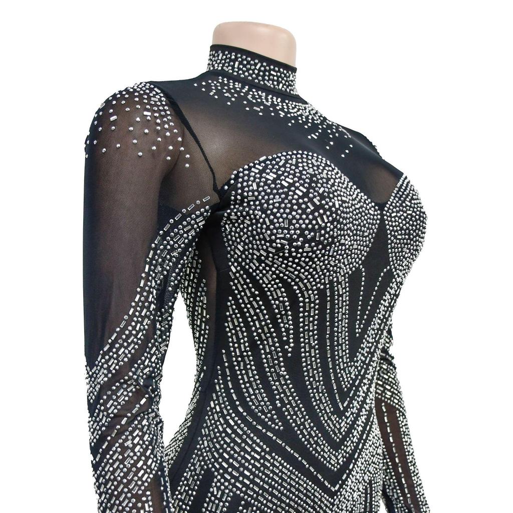 European & American Fashion Women's Solid Color Mesh Rhinestone Long Sleeve Mini Dress