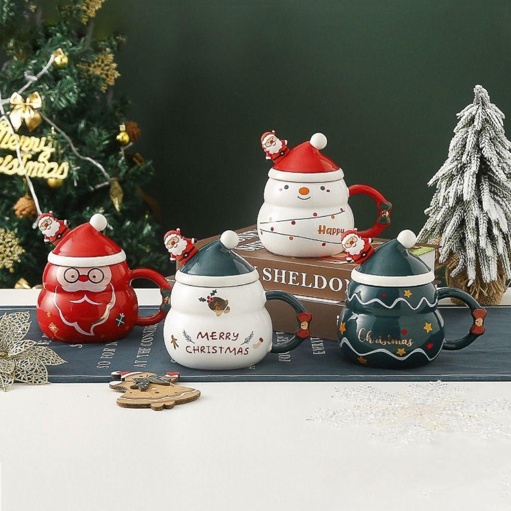 With Lid and Spoon Christmas Ceramic Cup Ceramic Santa Claus Water Cup   Festive Gift
