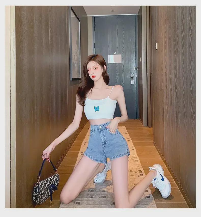 Korean Style High Waist Split-Leg Light Blue Denim Shorts - Women's Slimming Wide-Leg Summer Hot Pants